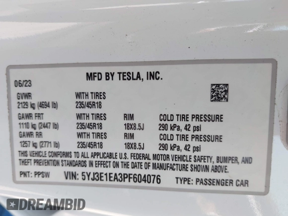 2023 Tesla Model 3 z VIN 5YJ3E1EA3PF604076, wystawiony jako IAAI lot #42181964 z przebiegiem 23 207 mil mil oraz . Historia ofert i sprzedaży dostępna na DreamBid. Obrazek 9.