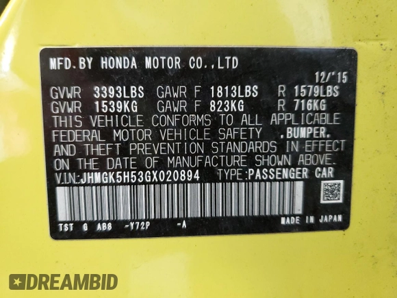 2016 Honda Fit LX with VIN JHMGK5H53GX020894, listed as a Copart auction lot 55095165 with 25,499 mi miles and Clean Title. Bid and sale history available at DreamBid. Image 14.
