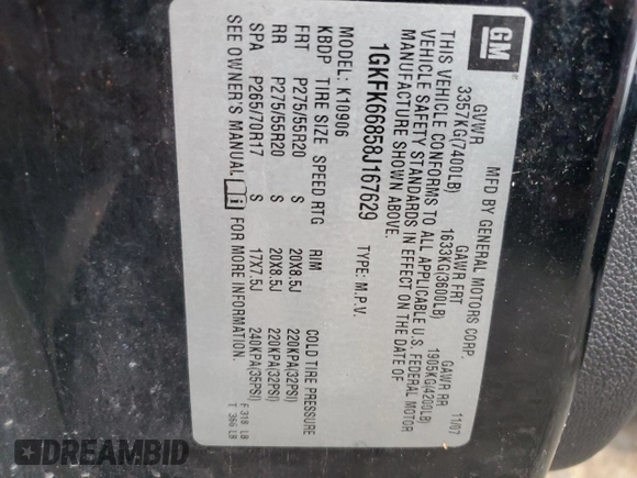 2008 GMC Yukon XL z VIN 1GKFK66858J167629, wystawiony jako Copart lot #50407075 z przebiegiem 182 832 mil mil oraz Szkoda całkowita • Salvage title. Historia ofert i sprzedaży dostępna na DreamBid. Obrazek 13.