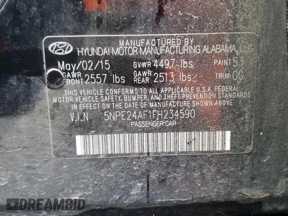 2015 Hyundai Sonata SE with VIN 5NPE24AF1FH234590, listed as a Copart auction lot 44267115 with 71,349 mi miles and Salvage Title. Bid and sale history available at DreamBid. Image 12.