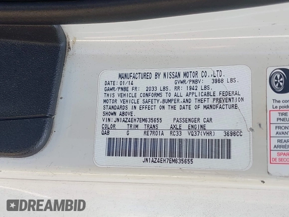 2014 Nissan 370Z Touring with VIN JN1AZ4EH7EM635655, listed as a IAAI auction lot 42217280 with 150,200 mi miles and . Bid and sale history available at DreamBid. Image 9.