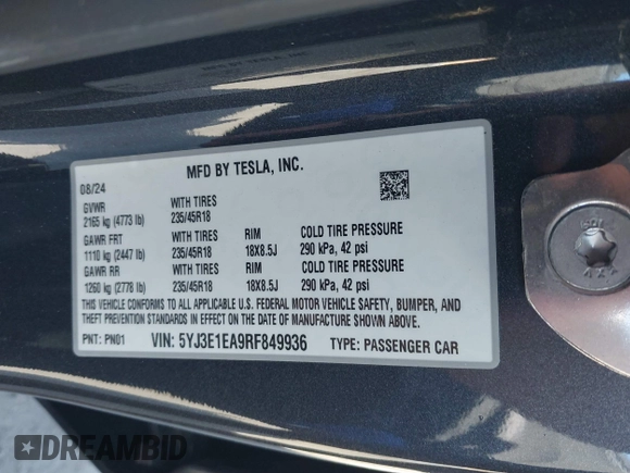 2024 Tesla Model 3 with VIN 5YJ3E1EA9RF849936, listed as a IAAI auction lot 41707656 with 18,749 mi miles and . Bid and sale history available at DreamBid. Image 9.