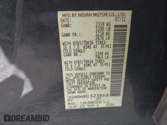 2012 Nissan Xterra X with VIN 5N1AN0NU8CC523668, listed as a IAAI auction lot 41821919 with 243,035 mi miles and . Bid and sale history available at DreamBid. Image 9.