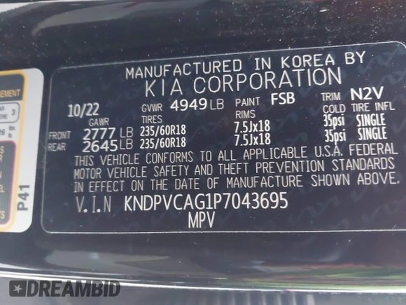 2023 Kia Sportage EX with VIN KNDPVCAG1P7043695, listed as a IAAI auction lot 42505834 with 16,192 mi miles and . Bid and sale history available at DreamBid. Image 9.