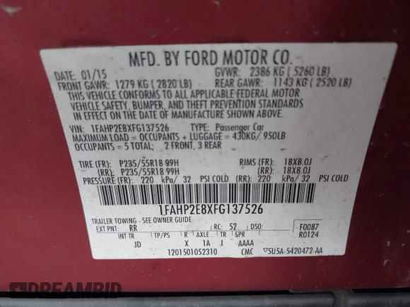 2015 Ford Taurus SEL with VIN 1FAHP2E8XFG137526, listed as a IAAI auction lot 41909658 with 147,992 mi miles and . Bid and sale history available at carsss.com. Image 9.