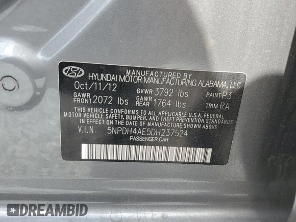 2013 Hyundai Elantra GLS с VIN 5NPDH4AE5DH237524, выставлен на аукционе Copart как лот 60595495 с пробегом 255 903 миль миль и На запчасти • Non repairable. История ставок и продаж доступна на DreamBid. Изображение 12.