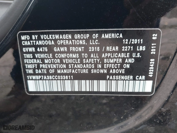 2012 Volkswagen Passat SE with VIN 1VWBP7A38CC033611, listed as a IAAI auction lot 41855933 with 155,429 mi miles. Bid and sale history available at carsss.com. Image 9.