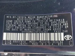 2025 Toyota Corolla LE z VIN 5YFB4MDE2SP242307, wystawiony jako IAAI lot #41869842 z przebiegiem 7079 mil mil oraz . Historia ofert i sprzedaży dostępna na DreamBid. Obrazek 9.
