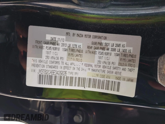 2014 Mazda CX-9 Touring with VIN JM3TB2CA5E0429835, listed as a IAAI auction lot 42439258 with 110,914 mi miles and . Bid and sale history available at DreamBid. Image 9.