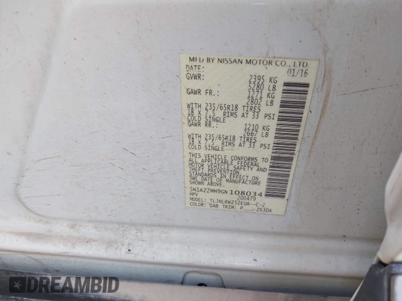 2016 Nissan Murano SL z VIN 5N1AZ2MH9GN108034, wystawiony jako IAAI lot #41712053 z przebiegiem 98 502 mil mil oraz . Historia ofert i sprzedaży dostępna na DreamBid. Obrazek 9.