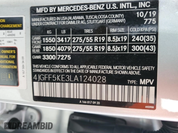 2020 Mercedes-Benz GLS 450 with VIN 4JGFF5KE3LA124028, listed as a Copart auction lot 58235684 with 36,697 mi miles and Salvage Title. Bid and sale history available at DreamBid. Image 13.
