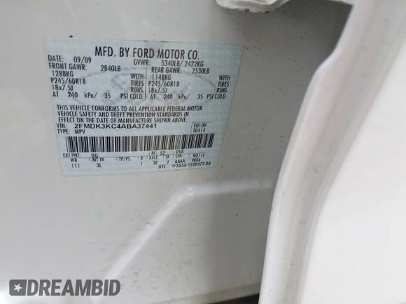 2010 Ford Edge Limited with VIN 2FMDK3KC4ABA37441, listed as a IAAI auction lot 41854617 with 100,145 mi miles. Bid and sale history available at carsss.com. Image 9.