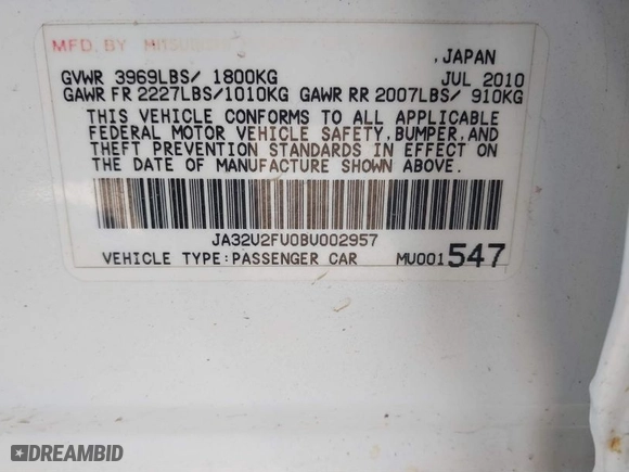 2011 Mitsubishi Lancer ES with VIN JA32U2FU0BU002957, listed as a IAAI auction lot 41731185 with 181,099 mi miles. Bid and sale history available at carsss.com. Image 9.