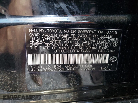 2015 Lexus GS 350 with VIN JTHCE1BL0FA008659, listed as a Copart auction lot 65385394 with 79,399 mi miles and Salvage Title. Bid and sale history available at carsss.com. Image 15.