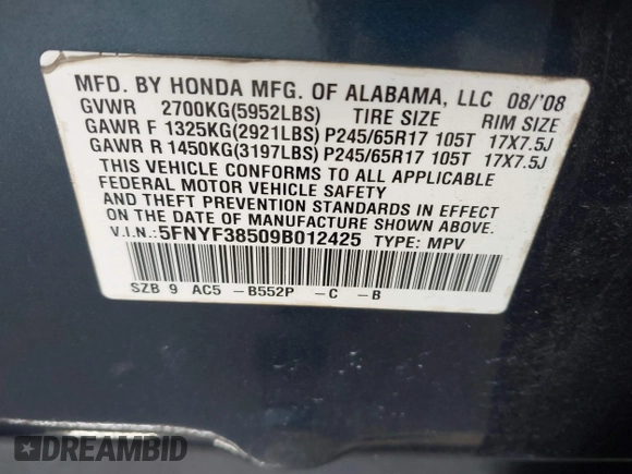 2009 Honda Pilot EX-L with VIN 5FNYF38509B012425, listed as a IAAI auction lot 42588334 with 253,011 mi miles and . Bid and sale history available at DreamBid. Image 9.