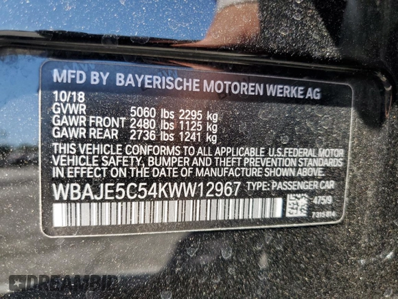 2019 BMW 5 Series 540i with VIN WBAJE5C54KWW12967, listed as a Copart auction lot 58490535 with 91,758 mi miles and Salvage title. Bid and sale history available at DreamBid. Image 12.