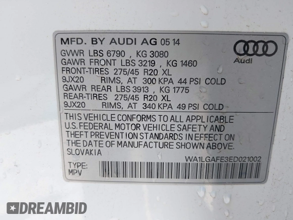 2014 Audi Q7 Premium Plus with VIN WA1LGAFE3ED021002, listed as a IAAI auction lot 42769562 with 82,118 mi miles and . Bid and sale history available at DreamBid. Image 9.