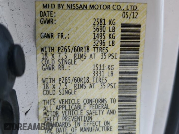 2012 Nissan Frontier SV with VIN 1N6AD0CW8CC454098, listed as a Copart auction lot 60066305 with 174,021 mi miles and Clean title. Bid and sale history available at DreamBid. Image 12.