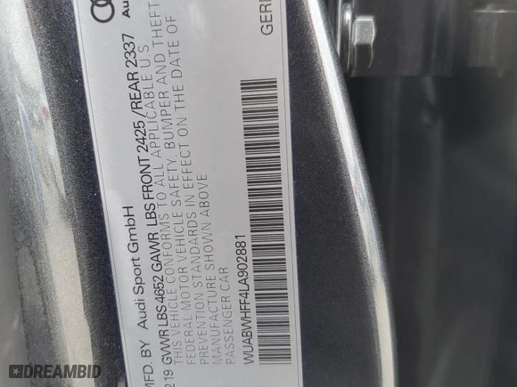 2020 Audi RS 3 with VIN WUABWHFF4LA902881, listed as a Copart auction lot 88743865 with 75,769 mi miles and Salvage Title. Bid and sale history available at carsss.com. Image 12.
