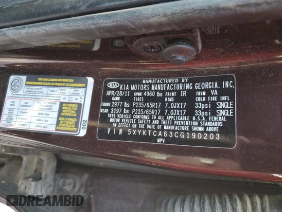 2012 Kia Sorento LX with VIN 5XYKTCA63CG190203, listed as a Copart auction lot 45927715 with 106,157 mi miles and Salvage Title. Bid and sale history available at DreamBid. Image 13.