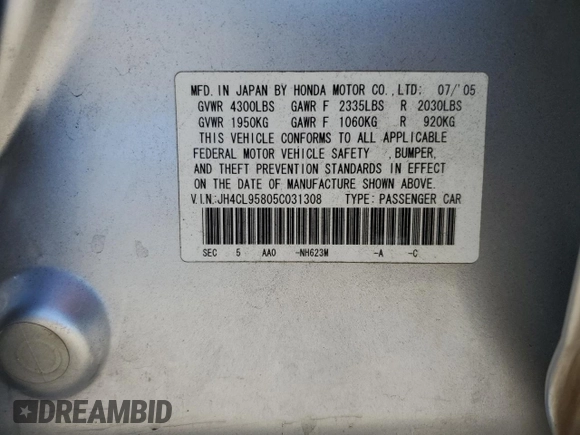 2005 Acura TSX z VIN JH4CL95805C031308, wystawiony jako Copart lot #70239994 z przebiegiem 332 822 mil mil oraz Szkoda całkowita • Salvage title. Historia ofert i sprzedaży dostępna na DreamBid. Obrazek 13.