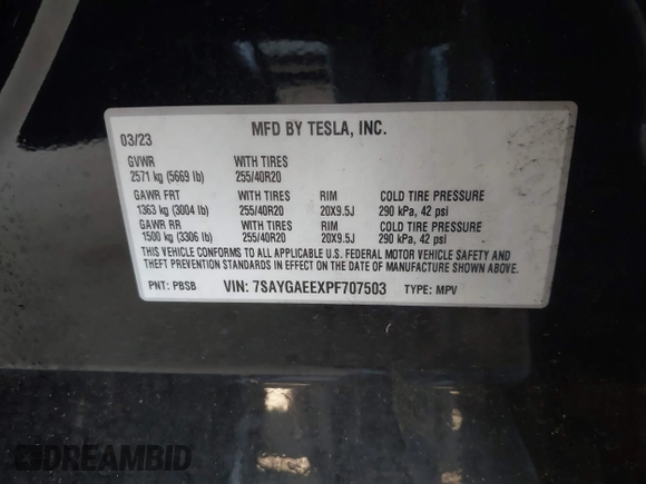 2023 Tesla Model Y Long Range with VIN 7SAYGAEEXPF707503, listed as a IAAI auction lot 41712166 with 27,467 mi miles and . Bid and sale history available at carsss.com. Image 9.