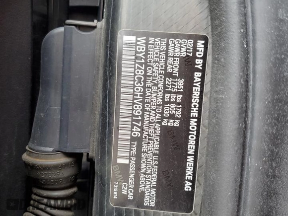 2017 BMW i3 z VIN WBY1Z8C36HV891746, wystawiony jako Copart lot #58150455 z przebiegiem 89 668 mil mil oraz Szkoda całkowita • Salvage title. Historia ofert i sprzedaży dostępna na DreamBid. Obrazek 12.