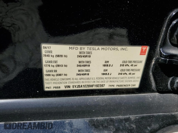 2017 Tesla Model S 100D with VIN 5YJSA1E28HF192397, listed as a Copart auction lot 55455995 with 90,534 mi miles and Salvage title. Bid and sale history available at DreamBid. Image 12.