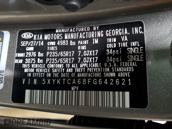 2015 Kia Sorento LX with VIN 5XYKTCA68FG642621, listed as a Copart auction lot 62039005 with 122,579 mi miles and Clean title. Bid and sale history available at DreamBid. Image 13.