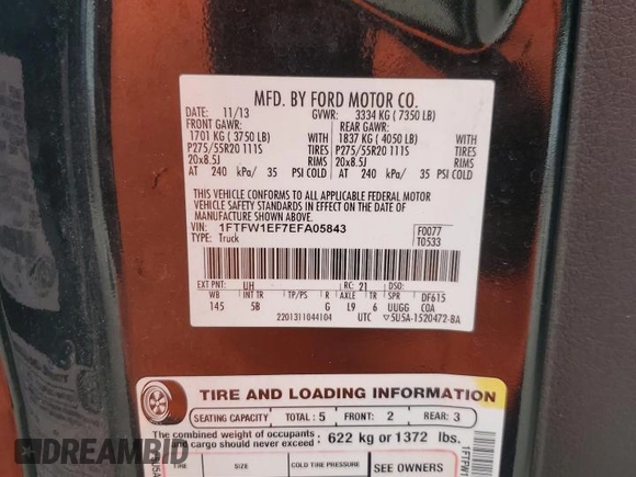 2014 Ford F-150 XL with VIN 1FTFW1EF7EFA05843, listed as a Copart auction lot 60824685 with 170,071 mi miles and Salvage title. Bid and sale history available at DreamBid. Image 12.