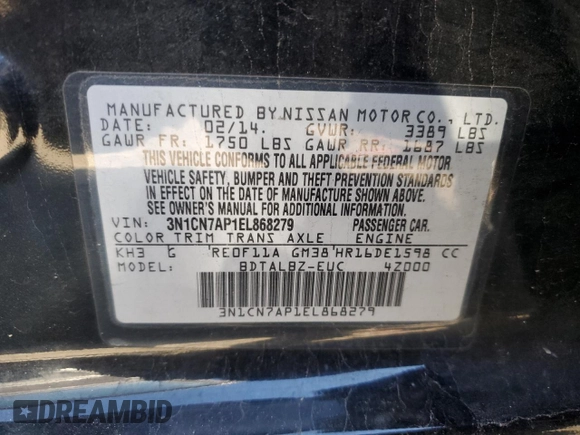 2014 Nissan Versa SV with VIN 3N1CN7AP1EL868279, listed as a Copart auction lot 87431124 with 90,979 mi miles and Salvage Title. Bid and sale history available at carsss.com. Image 13.