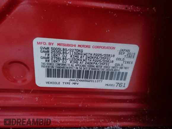 2016 Mitsubishi Outlander GT с VIN JA4JZ4AX5GZ011377, выставлен на аукционе Copart как лот 54620645 с пробегом 121 482 миль миль и Чистый • Clean title. История ставок и продаж доступна на DreamBid. Изображение 13.