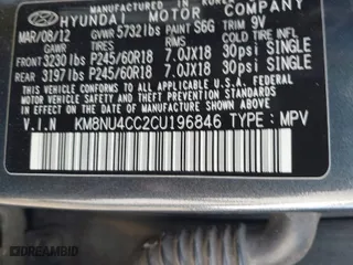 2012 Hyundai Veracruz Limited with VIN KM8NU4CC2CU196846, listed as a IAAI auction lot 41805692 with 174,132 mi miles. Bid and sale history available at carsss.com. Image 9.