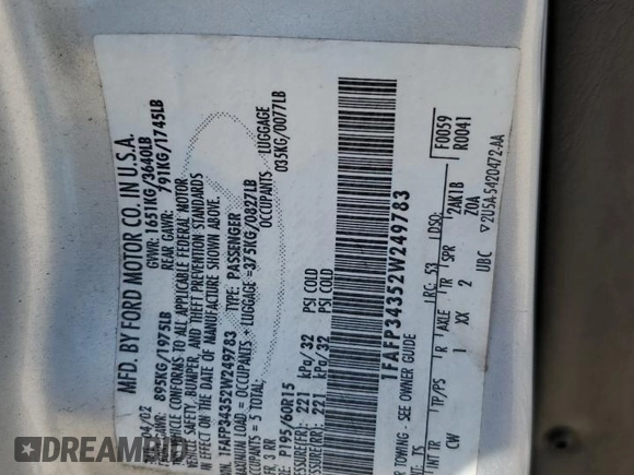 2002 Ford Focus SE with VIN 1FAFP34352W249783, listed as a Copart auction lot 48492845 with 241,170 mi miles and Salvage Title. Bid and sale history available at carsss.com. Image 12.