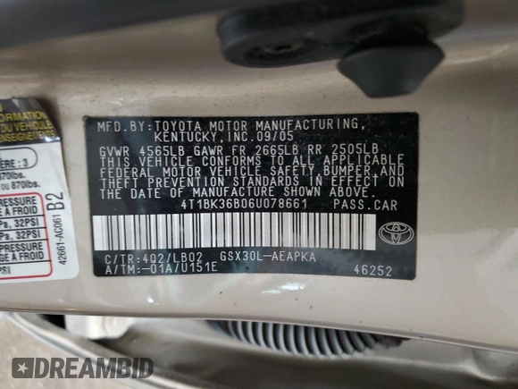 2006 Toyota Avalon XL with VIN 4T1BK36B06U078661, listed as a Copart auction lot 58355355 with 136,074 mi miles and Salvage title. Bid and sale history available at DreamBid. Image 12.