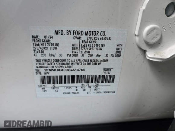 2024 Ford Explorer ST with VIN 1FM5K8GC3RGA14764, listed as a Copart auction lot 48584765 with 5,018 mi miles and Salvage Title. Bid and sale history available at carsss.com. Image 14.