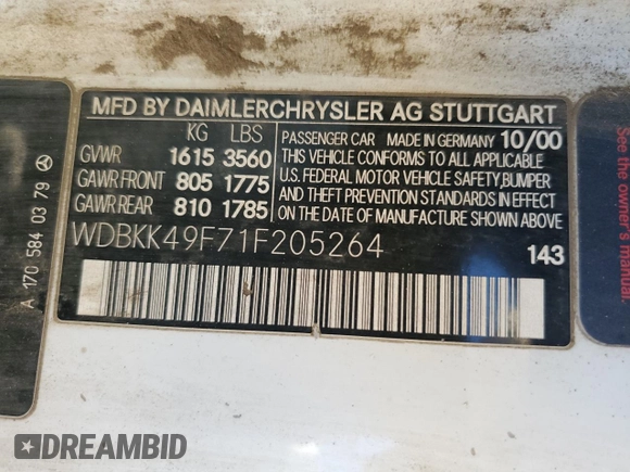2001 Mercedes-Benz SLK 230 Kompressor с VIN WDBKK49F71F205264, выставлен на аукционе Copart как лот 64061865 с пробегом Не указан миль и Списание • Salvage title. История ставок и продаж доступна на DreamBid. Изображение 12.