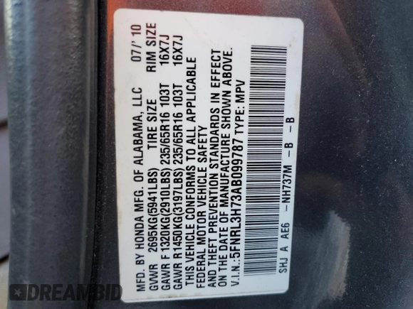 2010 Honda Odyssey EX-L with VIN 5FNRL3H73AB099787, listed as a Copart auction lot 52482325 with 235,785 mi miles and Salvage Title. Bid and sale history available at DreamBid. Image 14.