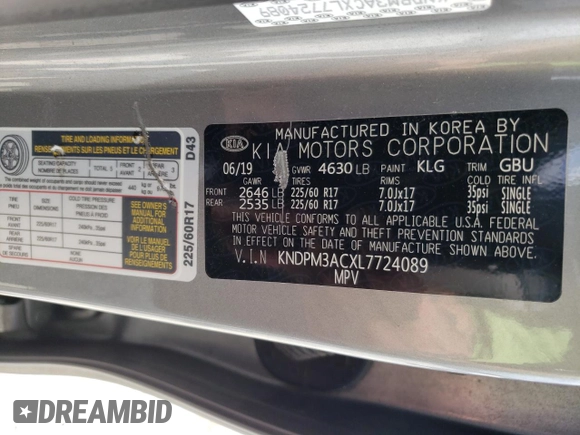 2020 Kia Sportage LX with VIN KNDPM3ACXL7724089, listed as a Copart auction lot 51754855 with Not Provided miles and Salvage Title. Bid and sale history available at DreamBid. Image 13.