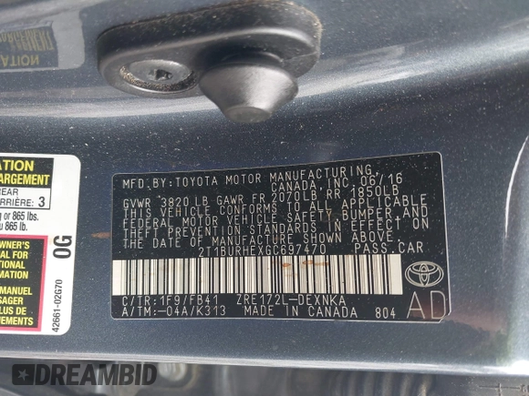 2016 Toyota Corolla L with VIN 2T1BURHEXGC697470, listed as a IAAI auction lot 42191570 with 254,530 mi miles and . Bid and sale history available at DreamBid. Image 9.