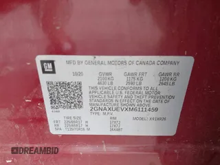 2021 Chevrolet Equinox LT with VIN 2GNAXUEVXM6111459, listed as a IAAI auction lot 42517157 with 65,579 mi miles and . Bid and sale history available at DreamBid. Image 9.