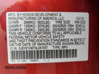 2022 Acura MDX w/Advance Package with VIN 5J8YE1H87NL041057, listed as a Copart auction lot 46273335 with 31,586 mi miles and Salvage Title. Bid and sale history available at carsss.com. Image 15.