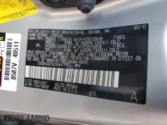 2012 Toyota Sienna XLE with VIN 5TDDK3DC5CS044711, listed as a Copart auction lot 58189195 with 112,172 mi miles and Salvage title. Bid and sale history available at DreamBid. Image 13.