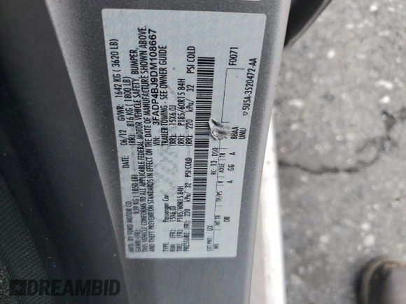 2013 Ford Fiesta SE z VIN 3FADP4BJ9DM108667, wystawiony jako Copart lot #58542295 z przebiegiem 94 812 mil mil oraz Szkoda całkowita • Salvage title. Historia ofert i sprzedaży dostępna na DreamBid. Obrazek 12.