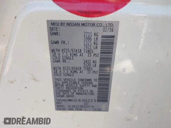 2016 Nissan Pathfinder SL with VIN 5N1AR2MM2GC630223, listed as a IAAI auction lot 42552737 with 89,332 mi miles and . Bid and sale history available at DreamBid. Image 9.