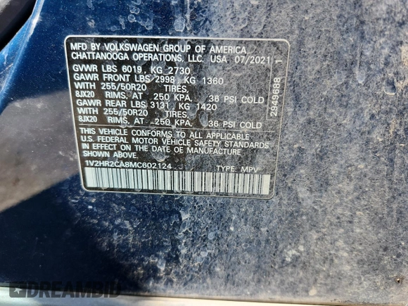 2021 Volkswagen Atlas SE z VIN 1V2HR2CA8MC602124, wystawiony jako Copart lot #51368845 z przebiegiem 61 671 mil mil oraz Szkoda całkowita • Salvage title. Historia ofert i sprzedaży dostępna na DreamBid. Obrazek 15.