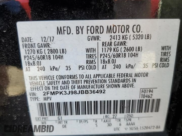 2018 Ford Edge SEL with VIN 2FMPK3J98JBB36492, listed as a Copart auction lot 49038825 with 75,060 mi miles and Salvage Title. Bid and sale history available at carsss.com. Image 14.