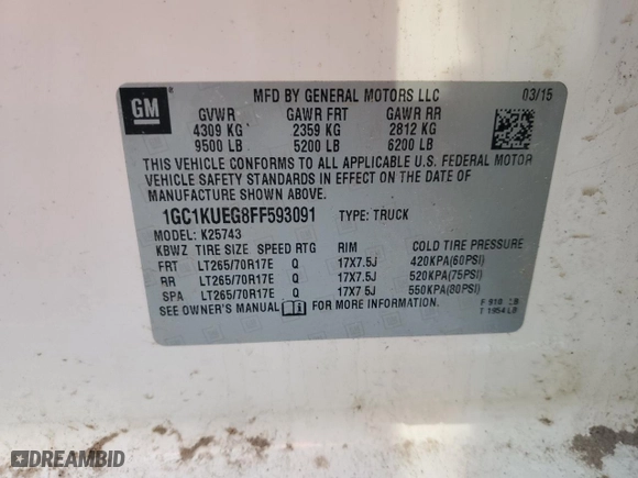 2015 Chevrolet Silverado 2500HD Built After Aug 14 Work Truck with VIN 1GC1KUEG8FF593091, listed as a Copart auction lot 48063435 with 0 mi miles and Salvage Title. Bid and sale history available at carsss.com. Image 12.