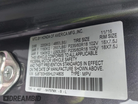 2017 Acura RDX Technology with VIN 5J8TB3H55HL014805, listed as a IAAI auction lot 41921064 with 49,483 mi miles and . Bid and sale history available at DreamBid. Image 9.
