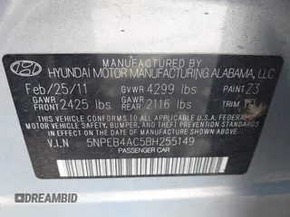 2011 Hyundai Sonata GLS with VIN 5NPEB4AC5BH255149, listed as a IAAI auction lot 41950130 with 76,245 mi miles and . Bid and sale history available at carsss.com. Image 9.